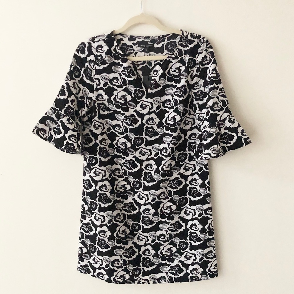 Paris Sunday | Black & White Floral Print Elbow Sleeve Shift Dress *NWT*